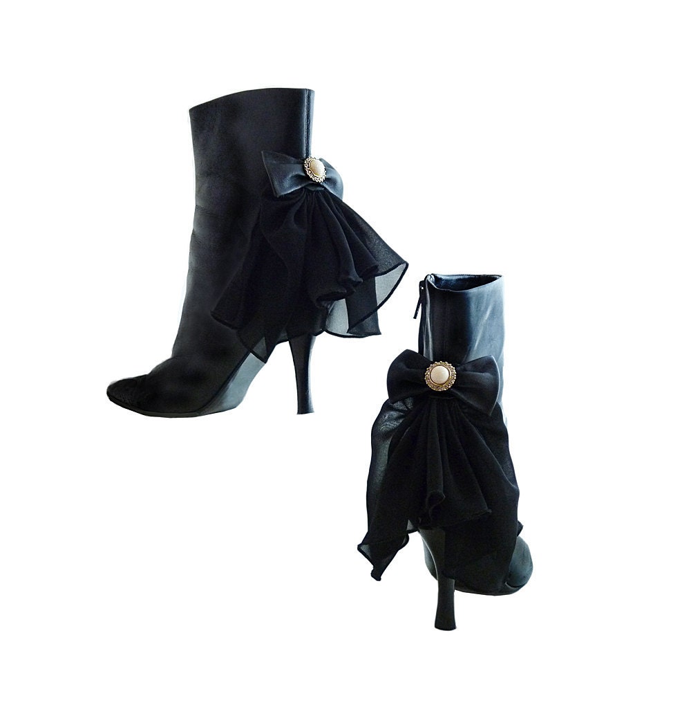 Victorian Ankle Boot Steampunk Black Leather w Chiffon // Size 8M // Spiked High Heels w Bows and Rhinestones // Goth Rock // Wedding