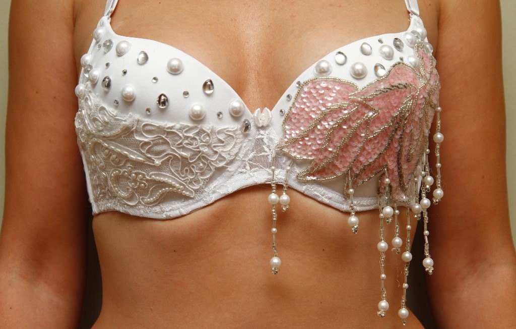 Beautiful Handmade Burlesque Pink Lotus Bra  - Size 36B