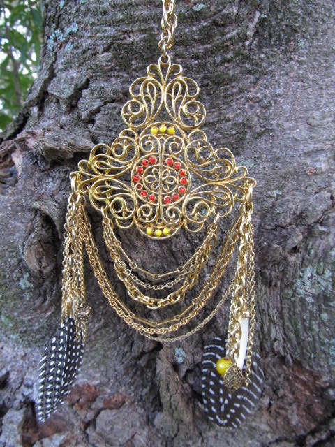 Tribal Necklace Womens Large Medallion And Feather Tribal Necklace