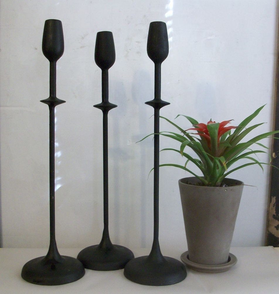 Vintage Set of 3 Tall Black Iron Candle Holders by seevintagelane