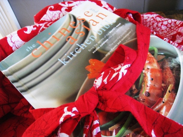 Red Asian Apron and Cookbook Home and Living  Gift Set