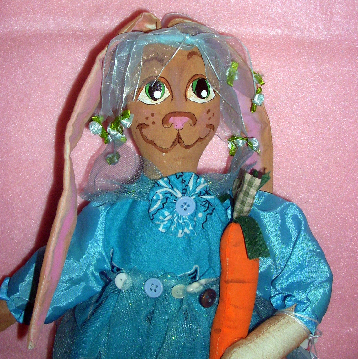 Turquoise Bunny Rabbit Doll in Vintage Dress Handmade Children's Decor Girls Bedroom Glittery Dress Tutu OOAK Doll Easter Decoration
