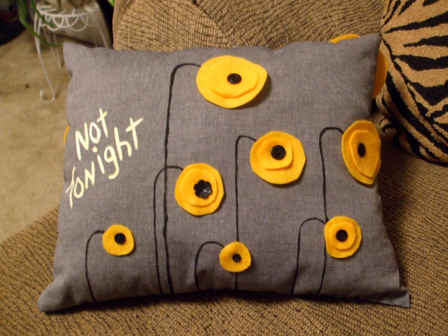 TONIGHT / NOT TONIGHT Yellow Poppy recycled felt pillow 17 X 13inches