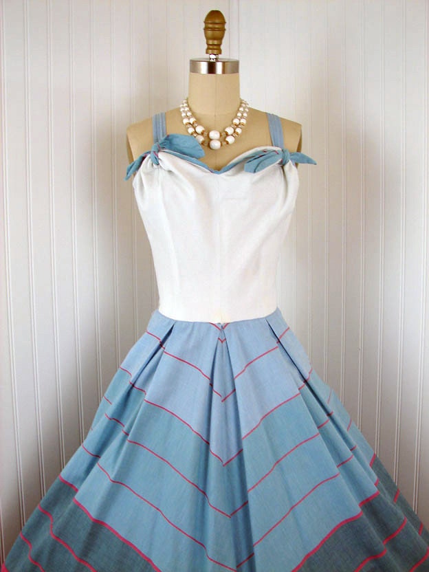 1940s 1950s Dress - TWIST OF FATE Vintage 40s 50s Blue White Designer Cotton Party Sundress and Bolero Jacket m l