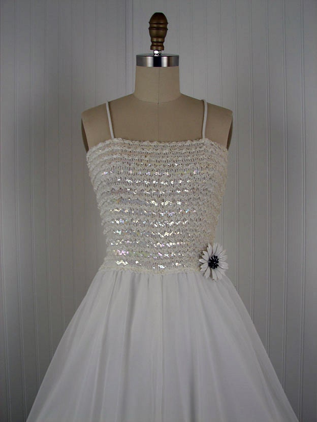 Vintage Wedding Dress - Vintage 1960s 1970s White Chiffon Party Prom Goddess Dress w Sequins S - Frolic
