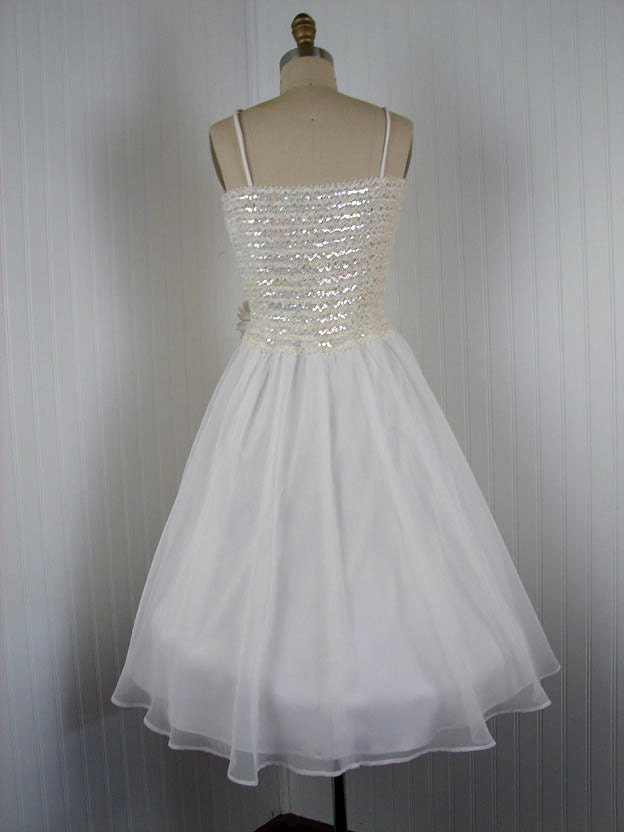 Vintage Wedding Dress - Vintage 1960s 1970s White Chiffon Party Prom Goddess Dress w Sequins S - Frolic