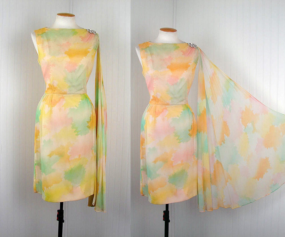 1950s Dress - ITALIAN ICE 1950s Vintage Mad Men Pastel Chiffon Goddess Draped Cocktail Wiggle s