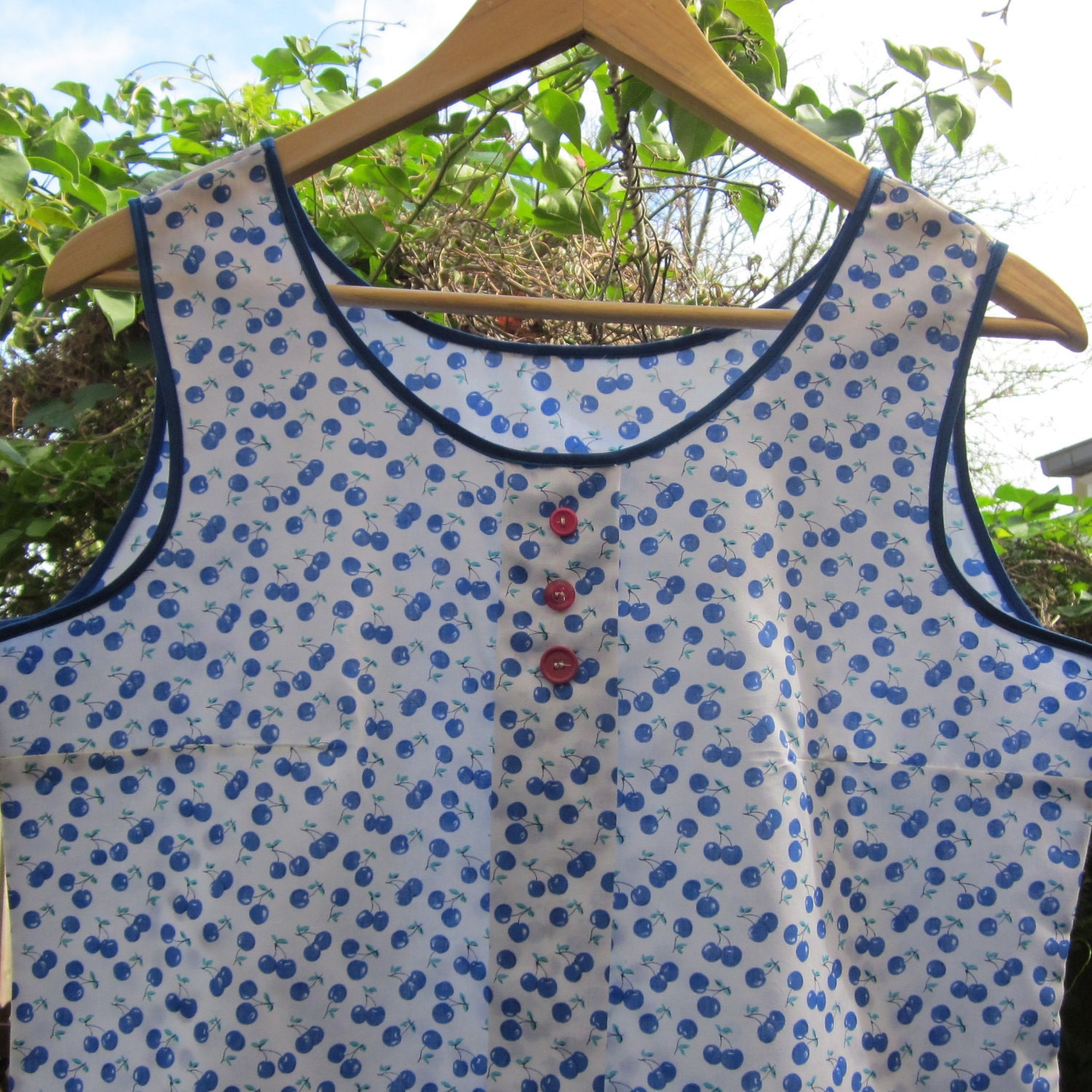 CHERRYADE - pleated cotton top - Size L - retro blue cherry print