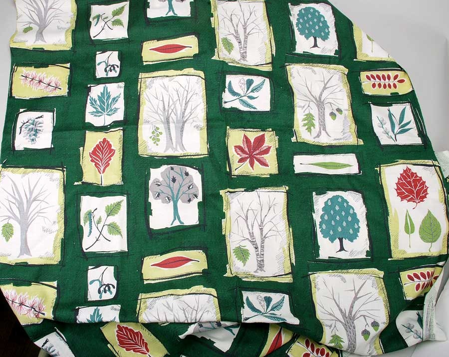 Vintage Green leaves geometric pattern barkcloth