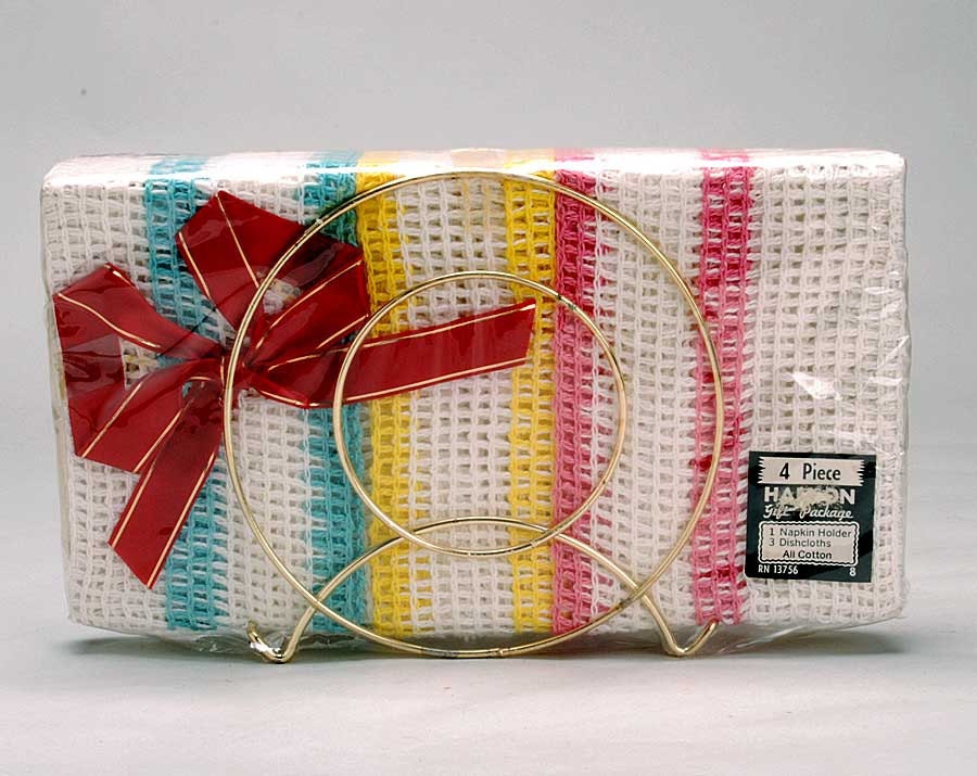 Vintage Midcentury NOS metal Napkin Holder with striped dish towels