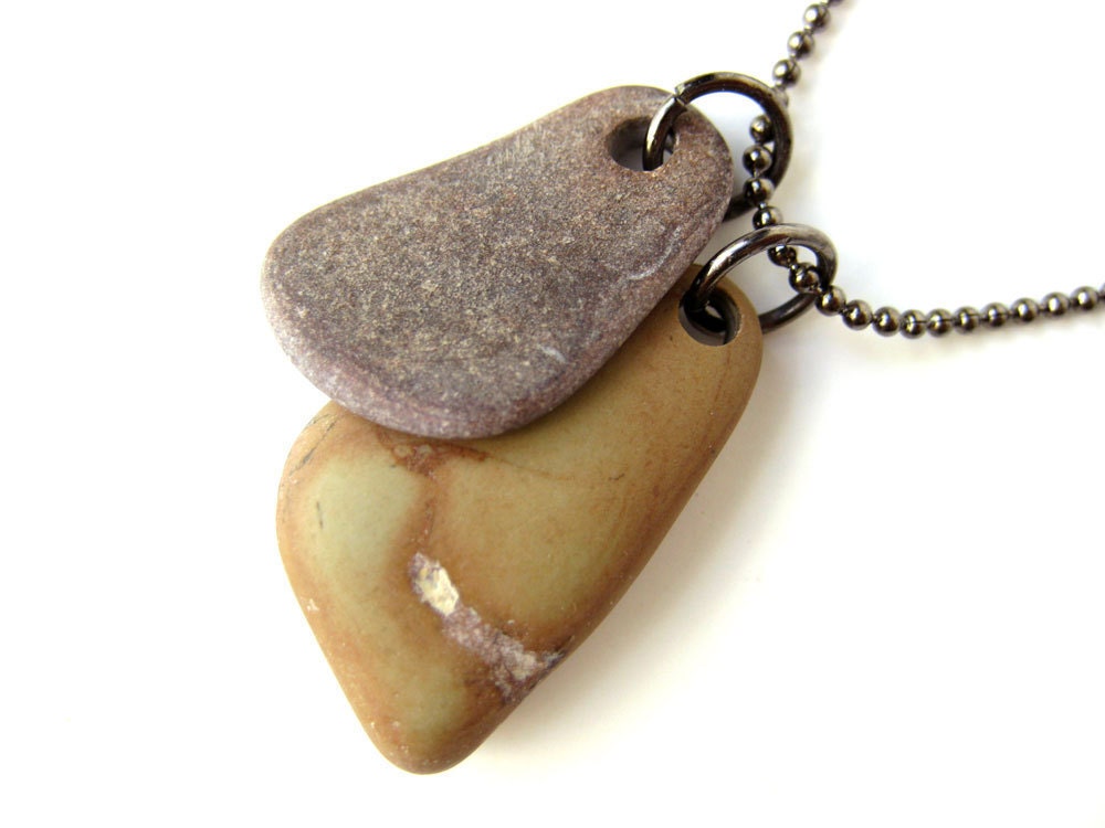 Men's beach stone necklace - Rock Tags, Orange and Burgundy - 1037