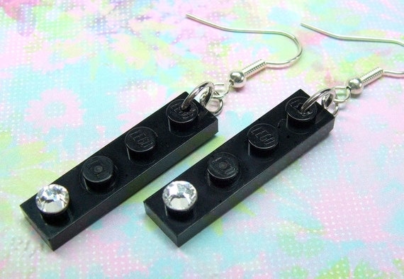 Geek Chic Earrings with LEGO (r) Plates and Swarovski Crystals - Black