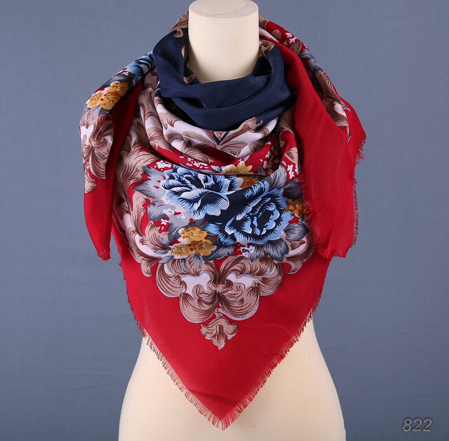 80s Large Royal Floral Scarf / Fleur de Lis and Roses Print Scarf in Red