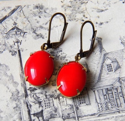 SALE - Lost Without You - Earrings - Vintage Opaque Red Glass Jewels