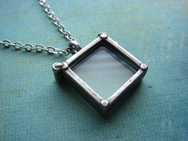 LIMITED SUPPLY - In Stock - Picture Frame, Silver Glass Locket - Necklace - Double Sided Square Pendant - Antiqued Silver Plated Chain
