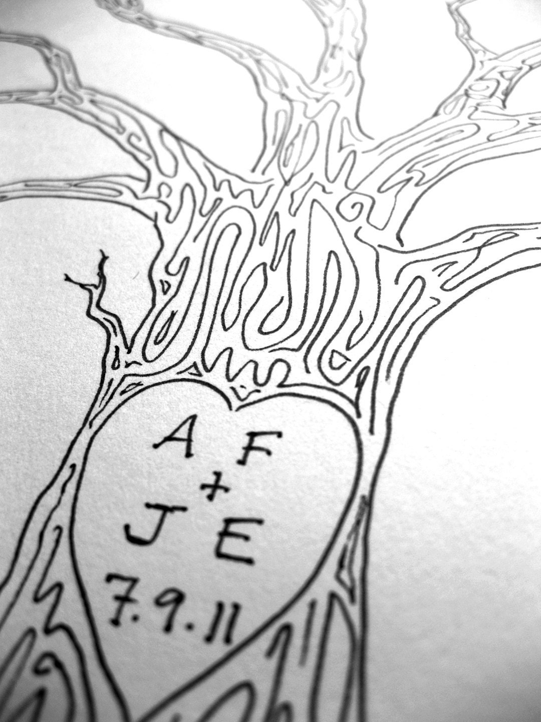 MEDIUM Wedding Tree Guest Book Thumbprint Tree Customizable Original Drawing BLACK ink 20 x 16