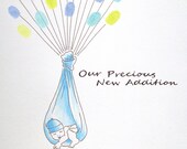 BABY SHOWER Guest Book Fingerprint Baloons 11 x 14 Customizable Original Drawing Thumbprint 25 to 50 guests