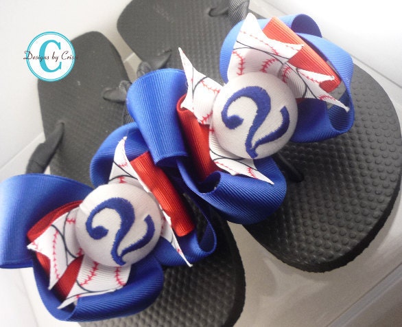 Baseball Flip Flops Bow Number Softball  Monogrammed Mom Girl Boutique Sports Ribbon Flip Flops choose your ribbon and team colors