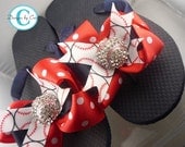 Baseball Bling Rhinestone  Bow Flip Flops  Rhinestone, choose your bow colors,  Bling Buckle Boutique Ribbon Flip Flops