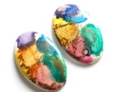 2 Oval Enameled Disks, Bright Multi Colored Swirls Earring Discs