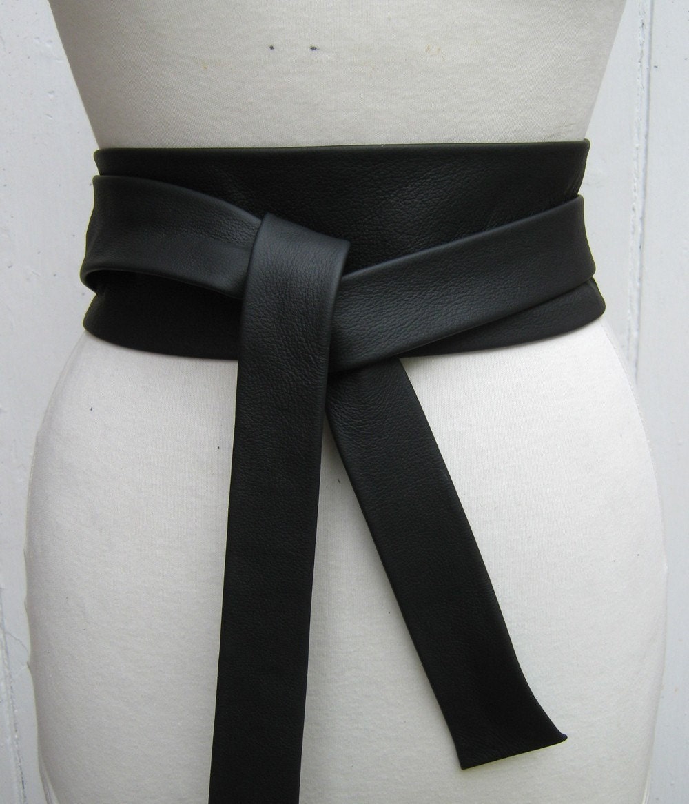 Black leather narrow obi wrap belt