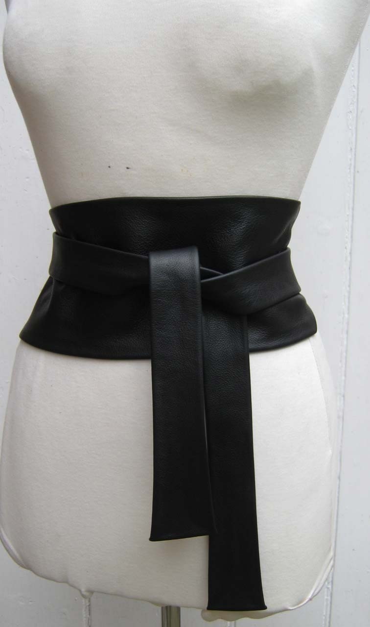 Black luxury leather wide obi cinch belt