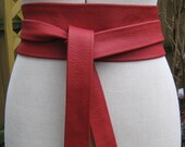 Scarlet red leather narrow obi wrap belt