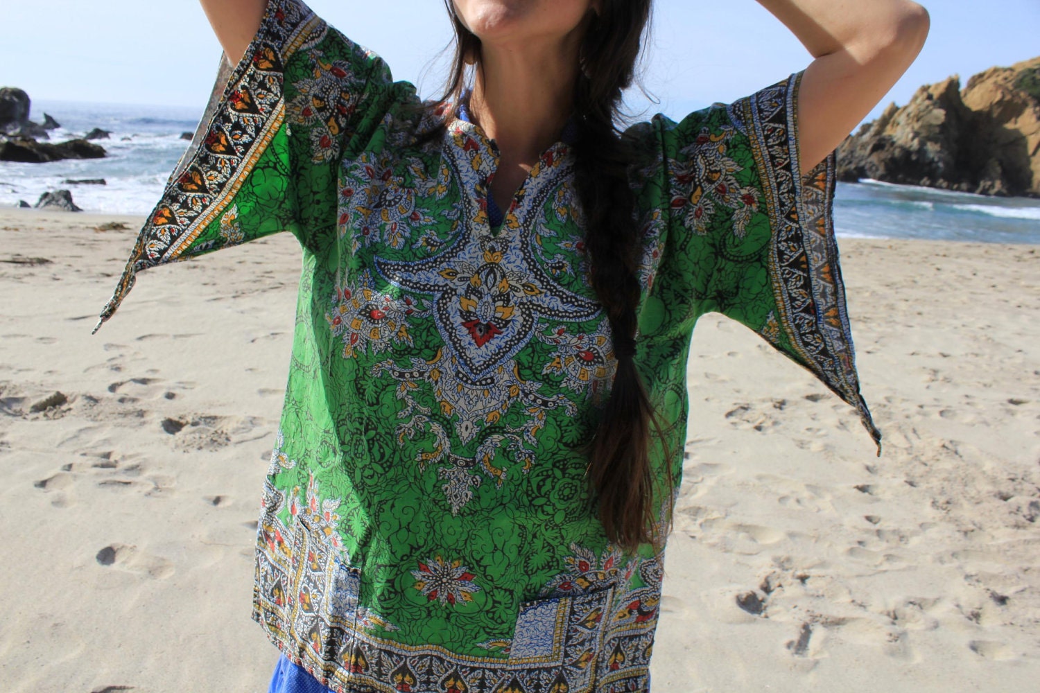 Electric Ladyland - Vintage 60s Hippie Indian Tunic Dashiki Ethnic with Angel Sleeves OSFM