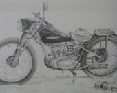 Motorcycle art original pencil drawing travel vintage bike illustration black and white m3DrawingsPlus