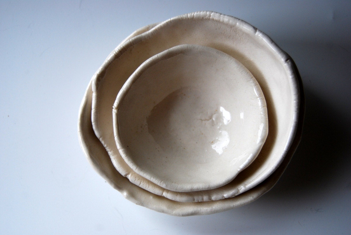 White porcelain nesting bowls Set of 3 Organic Shapped Modern Unique home decor Handmade Ceramic Wedding Gift