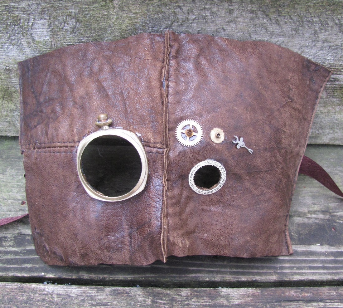 Steampunk masquerade mask with watch case and brown salvaged leather, Tock