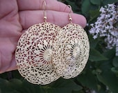 Lacy Golden Filigree Medallion Earrings, Large Gold Earrings