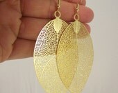 Large Golden Leaf Skeleton Earrings, Gold Earrings, Etched Earrings