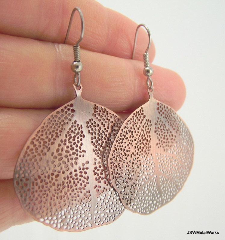 Medium Smooth Round Leaf Skeleton Earrings, Copper Earrings