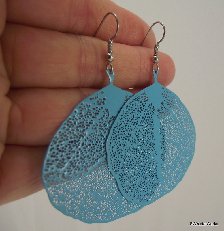 Large Smooth Round Leaf Skeleton Earrings, Light Blue Earrings