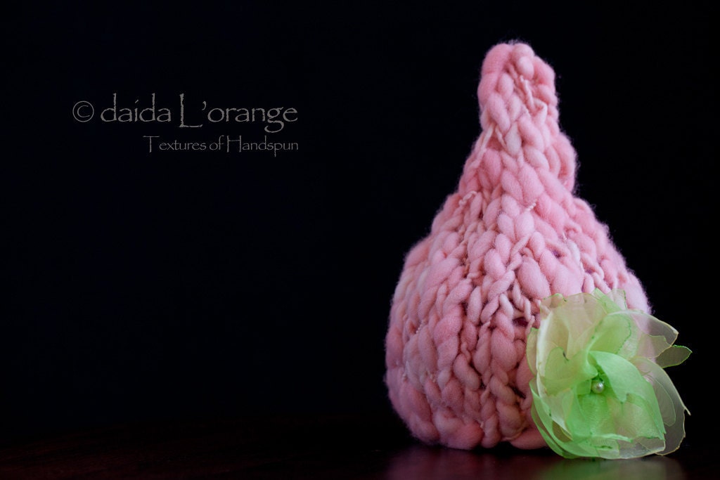 OOAK Daida Newborn Chunky Pixie Gnome Hat with Removable Organza Flower Blossom - Pink Blush - Spring Collection