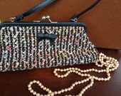 Plaid with Black Trim Vintage Clutch with Colorful Ribbon Stitching, Faux Leather Strap, Silver Color Clasp