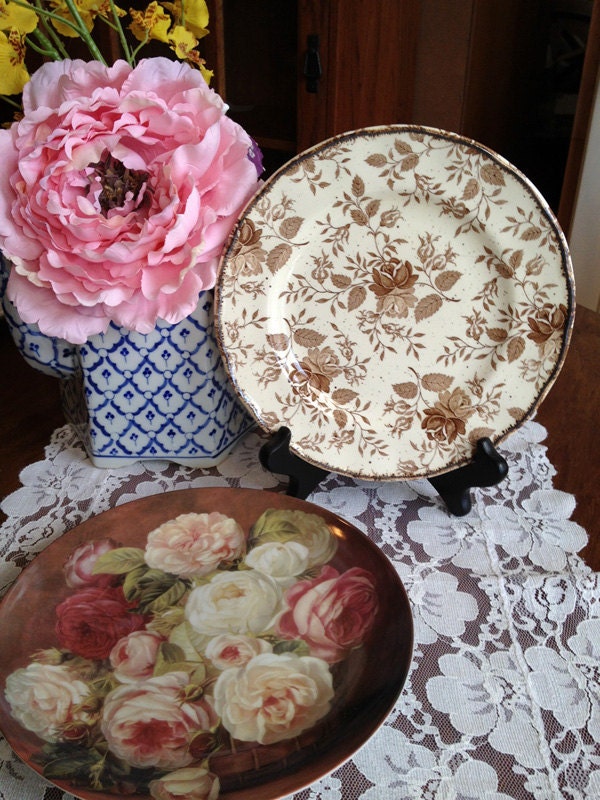 Vintage White and Brown Floral Plate, Cottage, Shabby Chic, Made in England, 10"