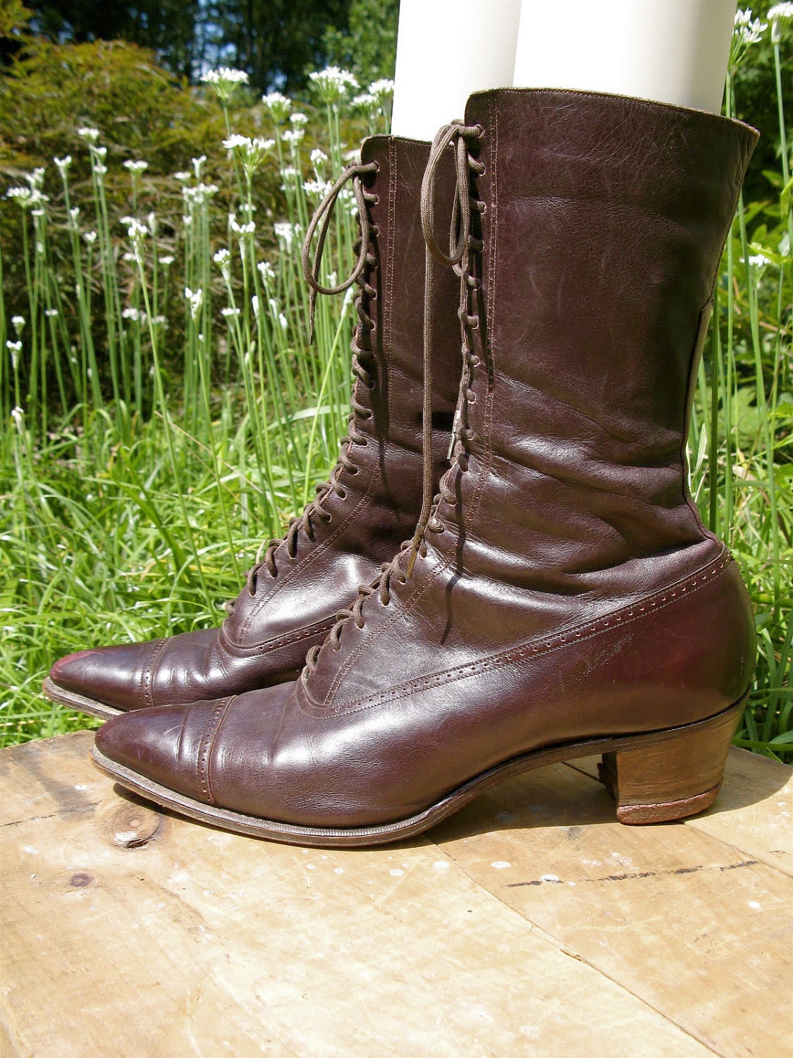 Vintage Antique 1900's Victorian Edwardian Lace Up Boots Granny Boots Theatre Costume Steampunk Maroon Cordovan Leather 5N