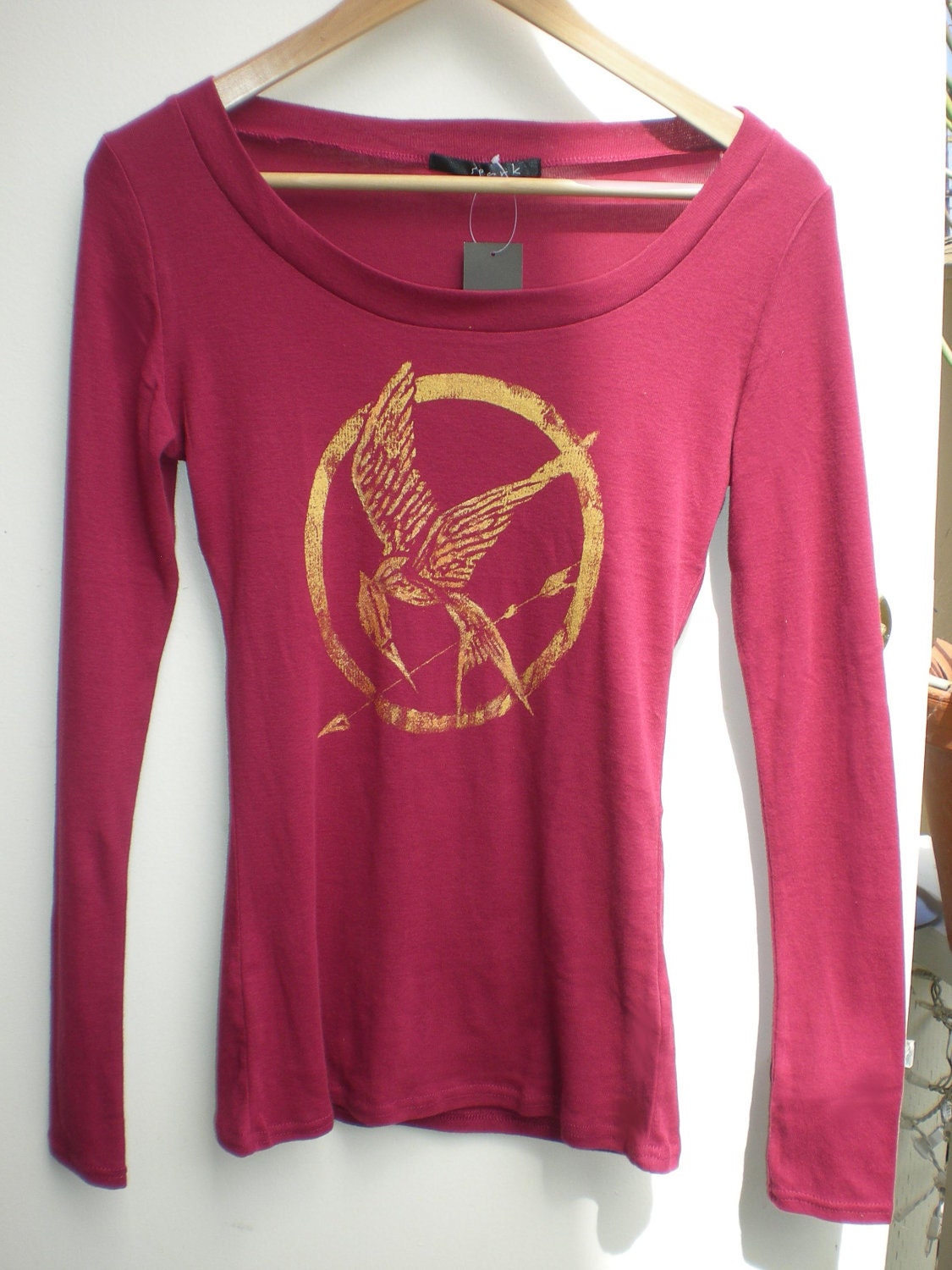 Hunger Games MockingJay Grunge Design Formfitting Raspberry long sleeve.