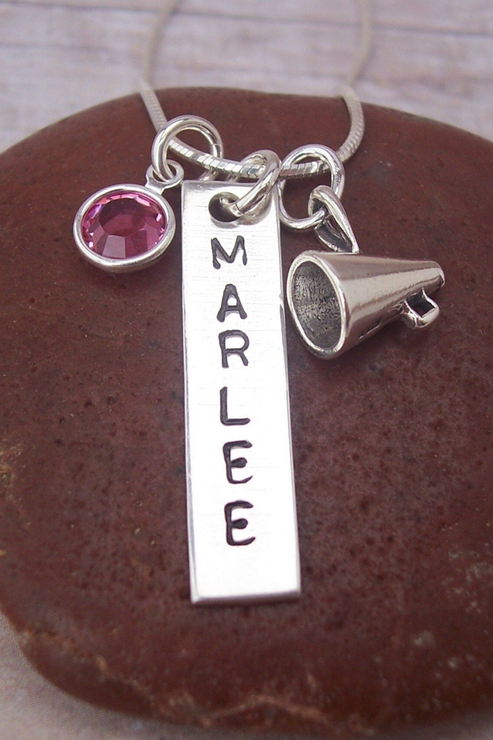 Personalized Necklace - Hand Stamped necklace for CHEERLEADER Megaphone Charm with Birthstone Necklace Sterling Silver