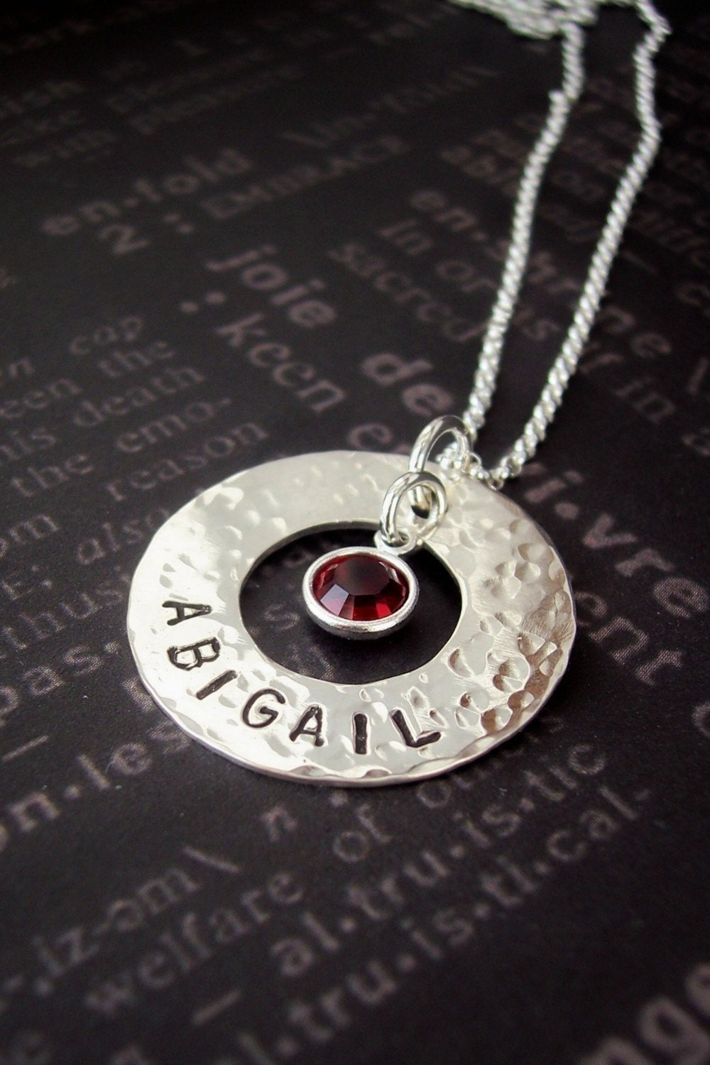 Hand Stamped Jewelry DOUBLE SIDED WASHER with birthstone.  Stamping on both sides. Sterling silver, customized