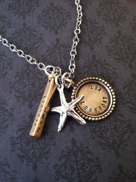 Hand Stamped Jewelry Necklace - Anniversary Gift - 4 sided Brass bar, Brass disc and Sterling Starfish Charm