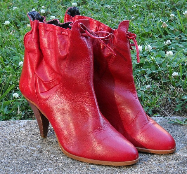 Red Ankle Boots - Pixi - High Heel - Vintage 1980s - Women 6 M