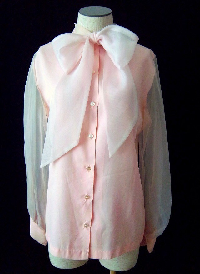 Soft Pink Sheer Pussy Bow Blouse Organza Puff By Kimvintage 4852