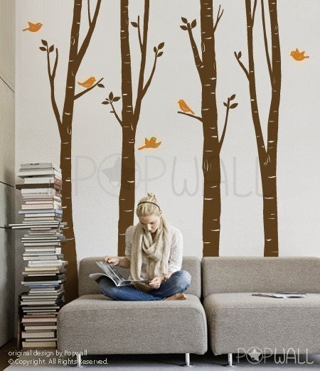 Tree Wall Decal Wall sticker-  Birch Tree Decal -10 FREE  Birds - 075