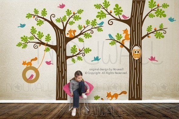 Tree Wall Decal - Animal Friends in Woodland - 083  Vinyl Wall sticker Children Wall  Decal