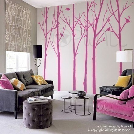 Vinyl Wall Sticker Tree Wall Decal Tree Decal Art - Leafy Winter Trees with birds - 6 trees - 037