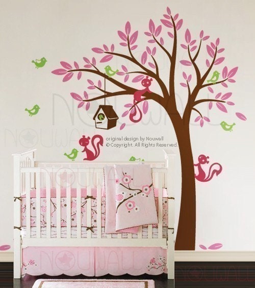 Kids Wall Decal Wall Sticker -Tree decal Bird House with Squirrel 095