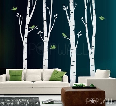 Wall Decal Birch Trees with birds - Art Wall Sticker Tree Decal - 075
